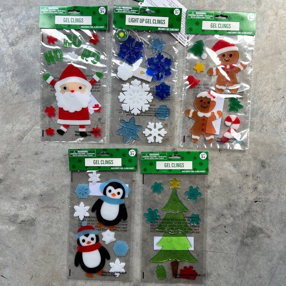 Christmas Gel Window Clings Lot of 5 Santa Gingerbread Penguin Tree Light Up